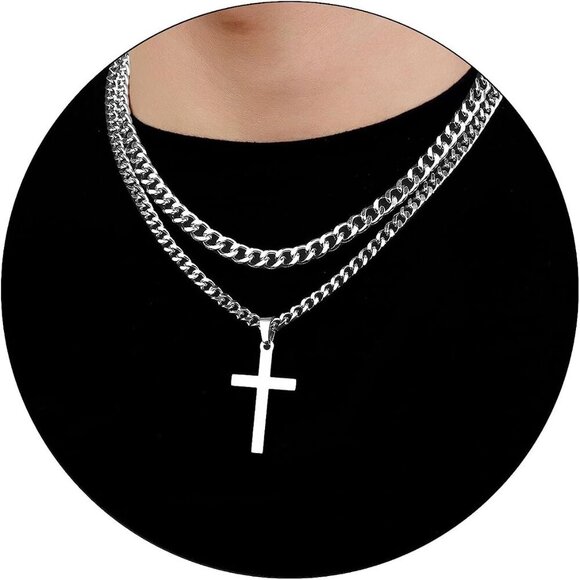 ✨Men Silver Layered Necklace Stainless Steel Cuban Chain Cross Pendant Jewelry